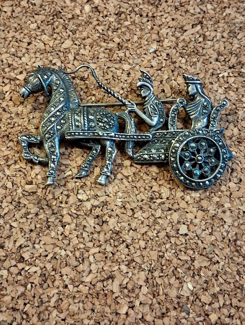 Vintage Sterling Silver & Marcasite Horse-drawn Chariot Brooch. The Wheel Turns!